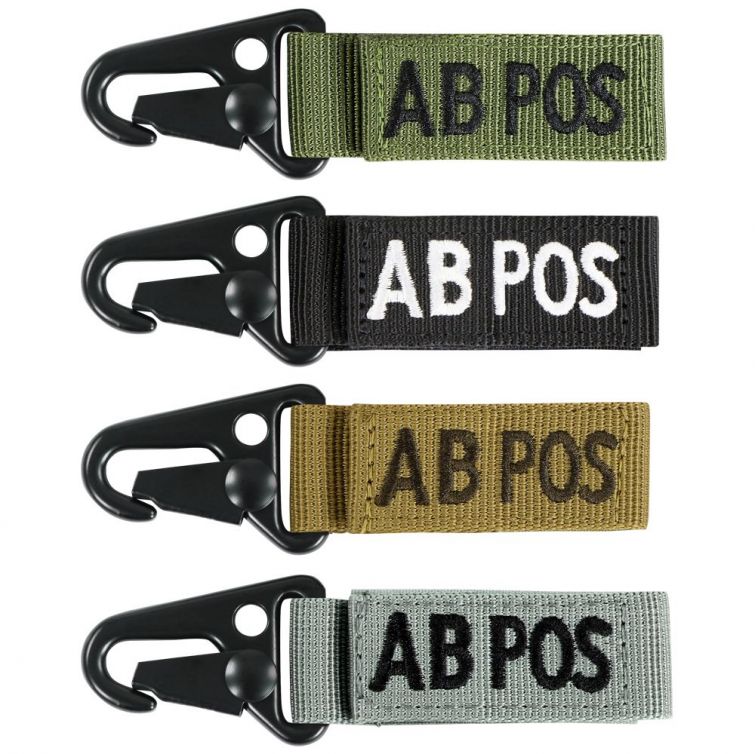 AB+ BLOOD TYPE SEWN ON HOOK & LOOP WEBBING STRAP WITH QUICK RELEASE SNAPHOOK.
